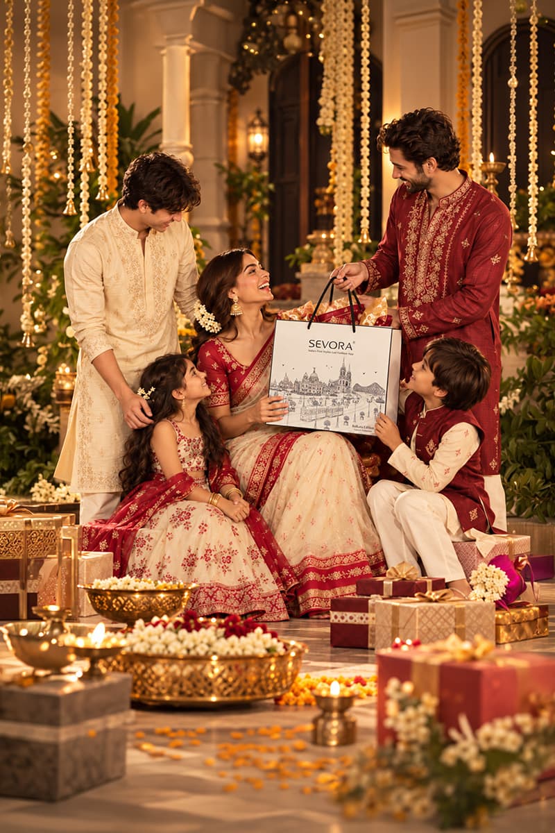 Family celebrating Durga Puja