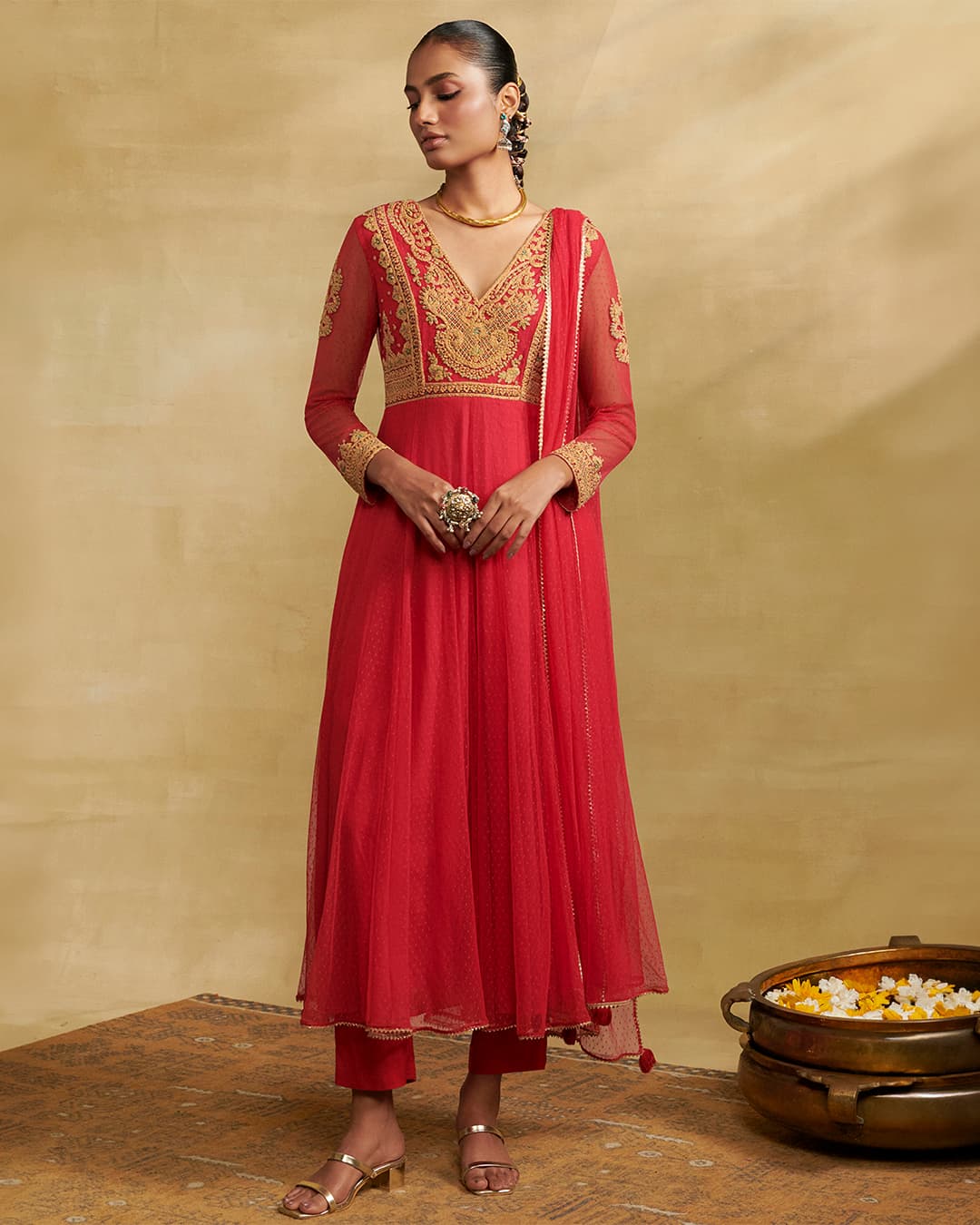 Red Moonflower Solid Suit Set