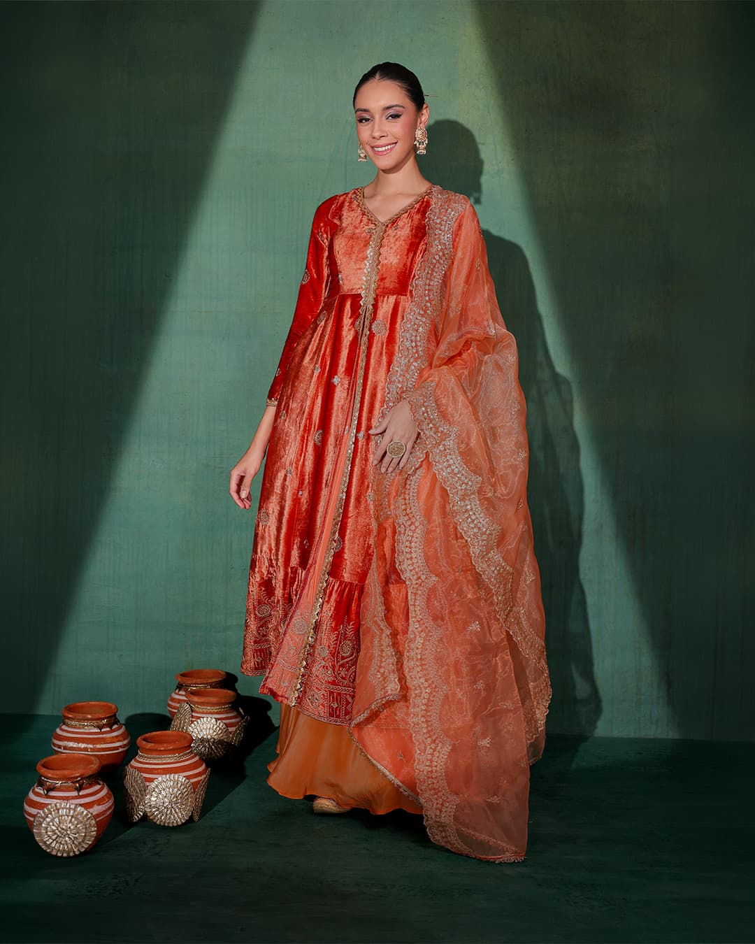Burnt velvet Suit Set with Organza Dupatta