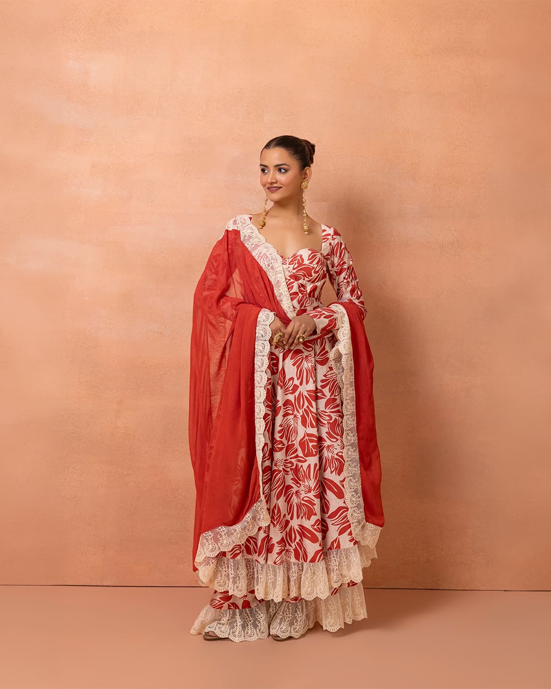 Corset Cream And Red Printed Lace Anarkali Suit Set
