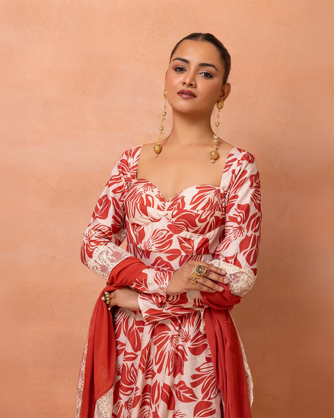Corset Cream And Red Printed Lace Anarkali Suit Set