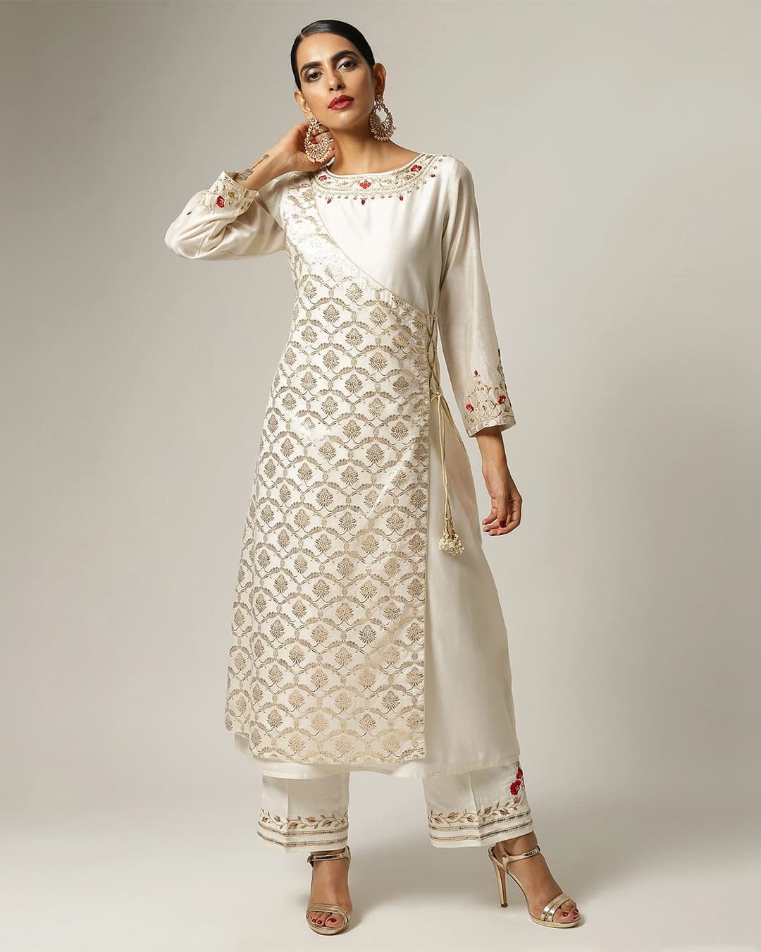 Off white Silk chanderi angrakha kurta with hand embroidery