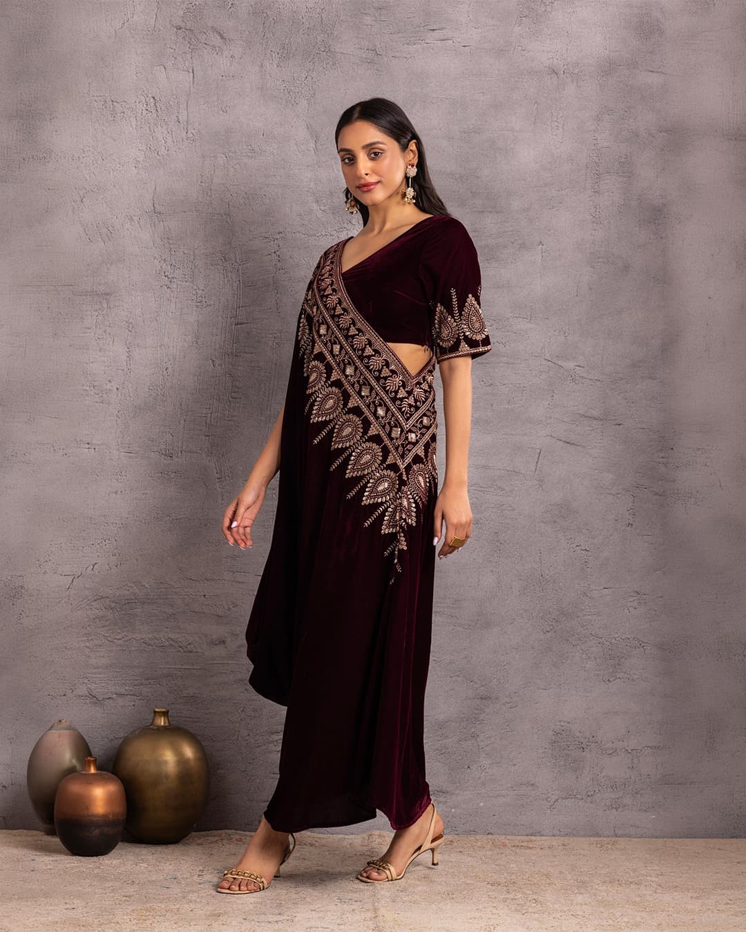 WINE VELVET Saree drape fusion dress