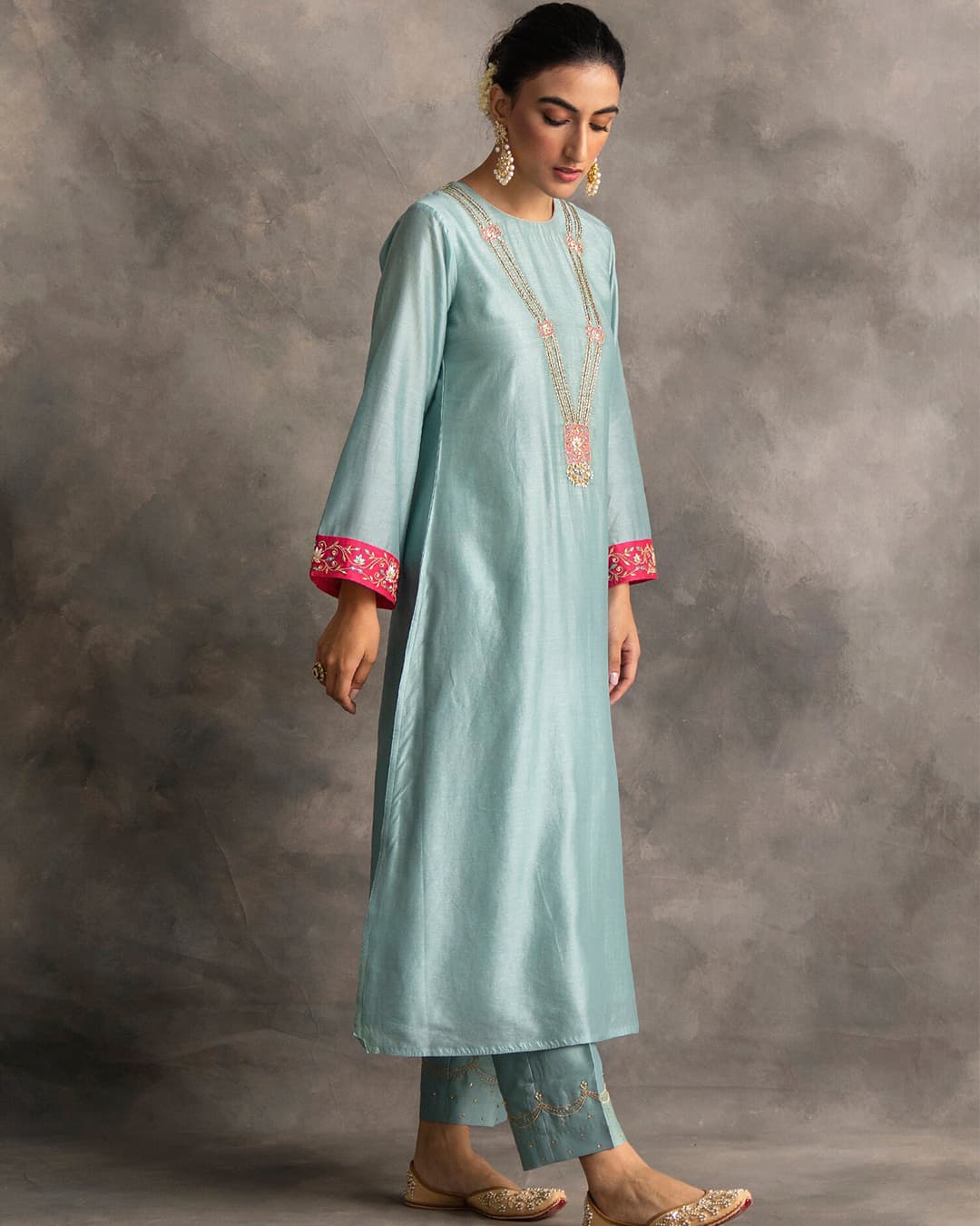 Blue Silk chanderi kurta with hand embroidery