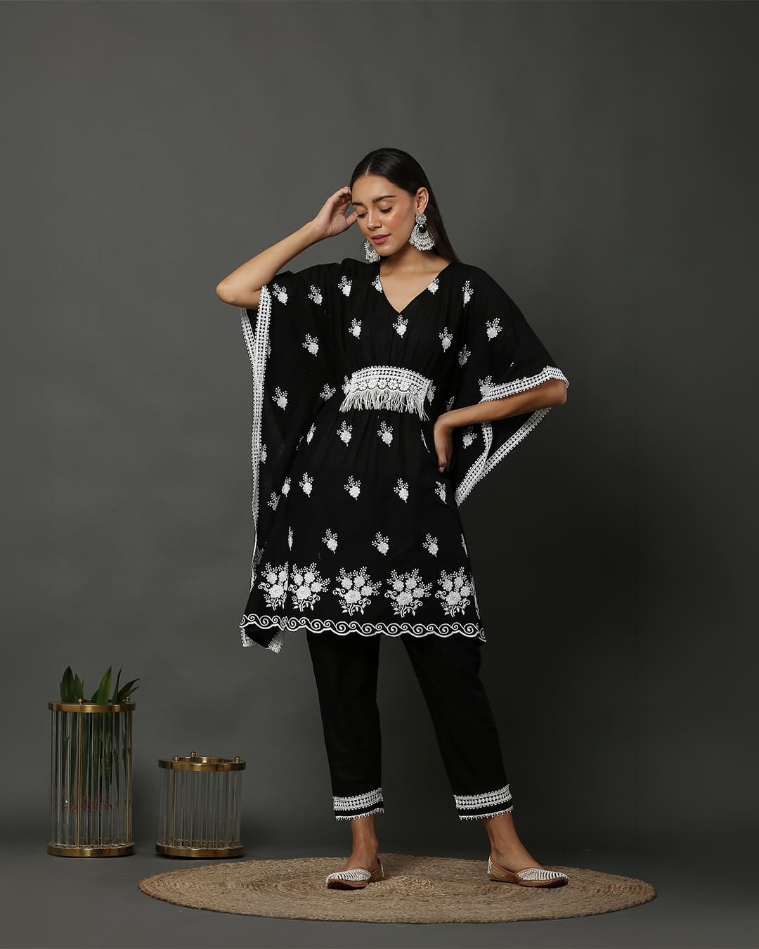 Black Scallop Embroidered Kaftan Set