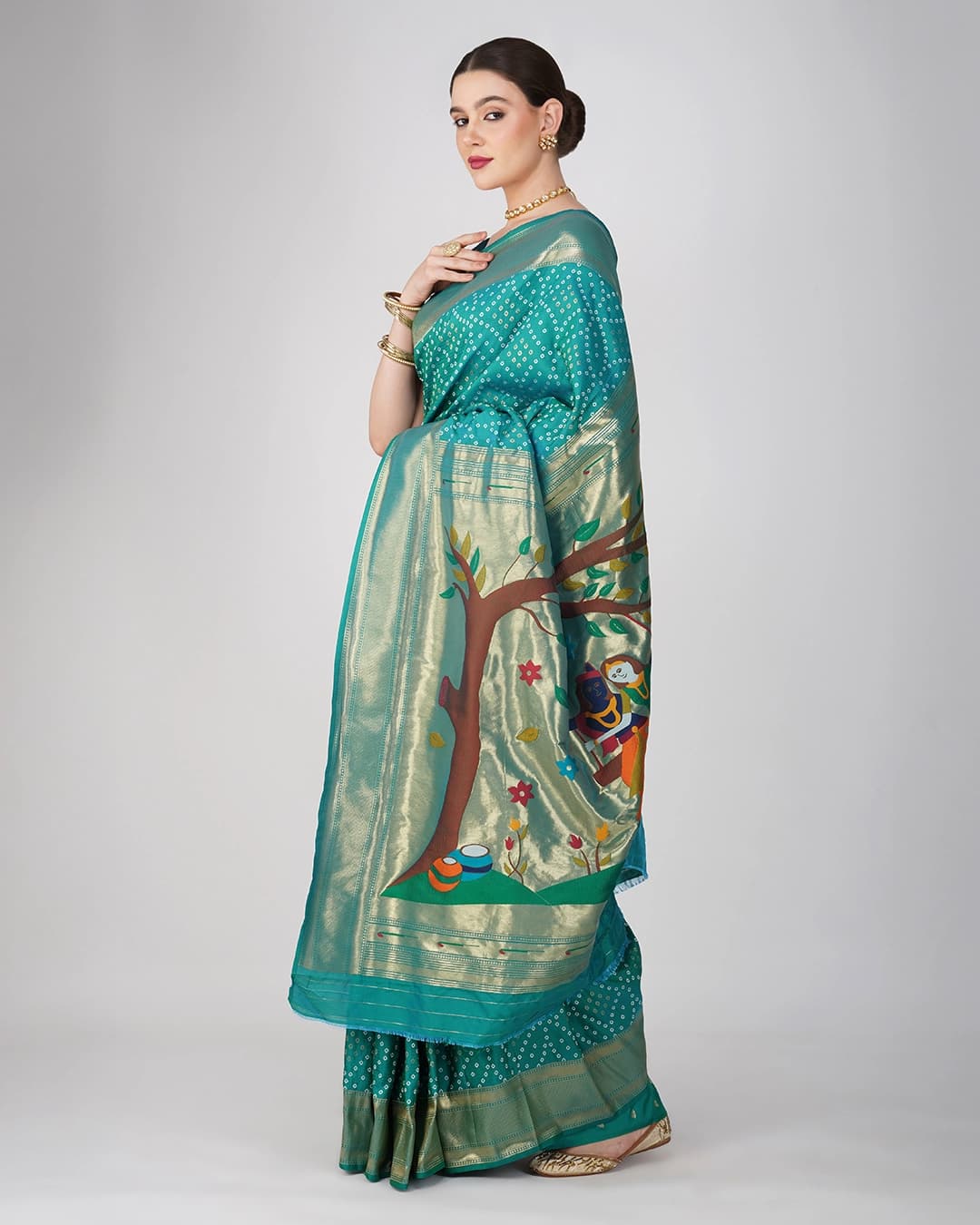 Blue Pure Silk Paithani Bandhej work Saree
