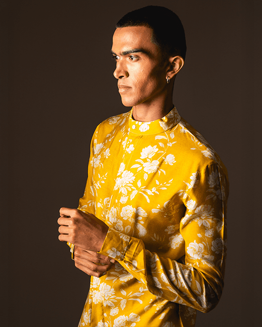 yellow white rose side slit kurta