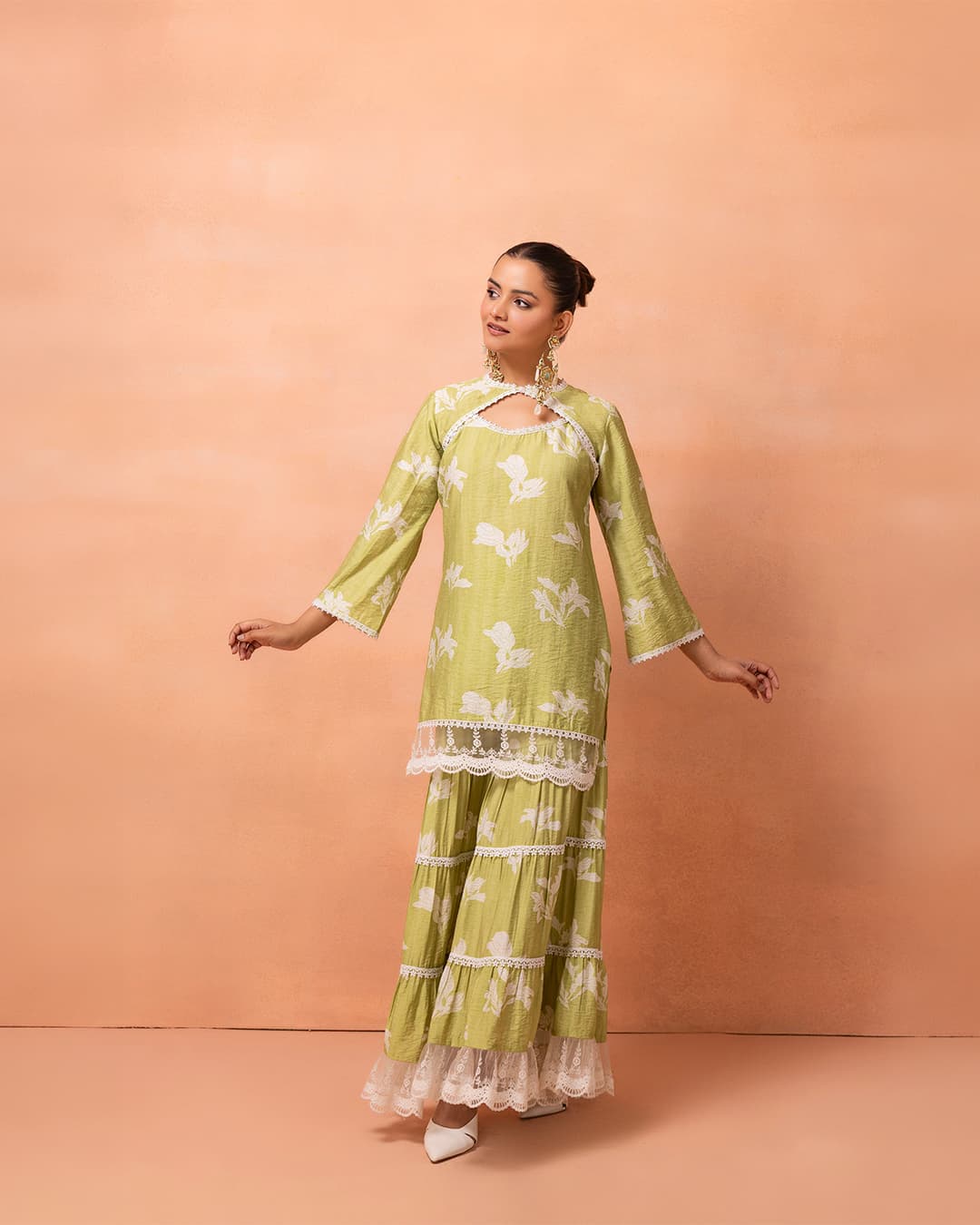 Lime And White Lace Suit Set with Shrug and Dupatta
