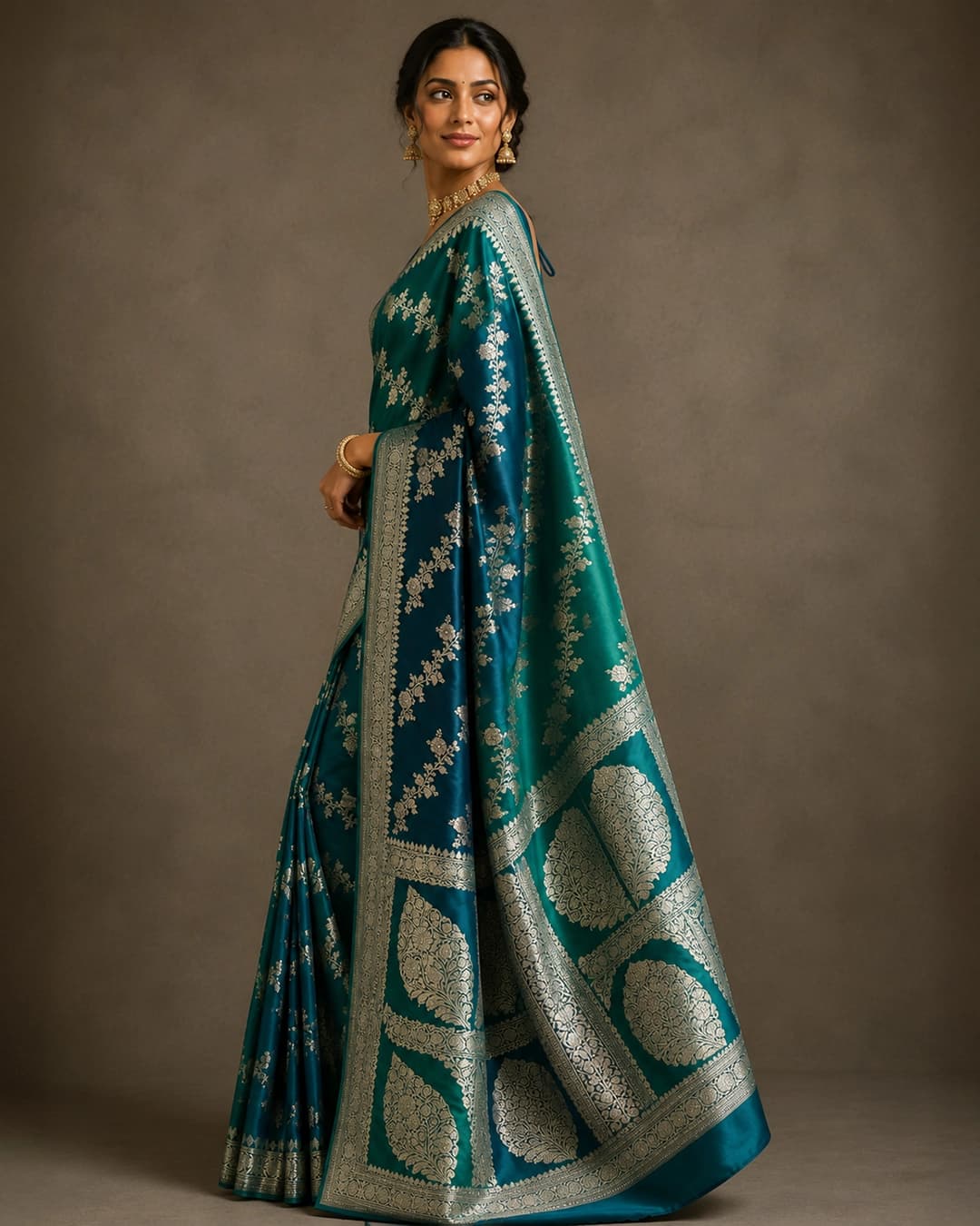Blue green Ombré pure Mashru katan silk Banarasi handloom saree