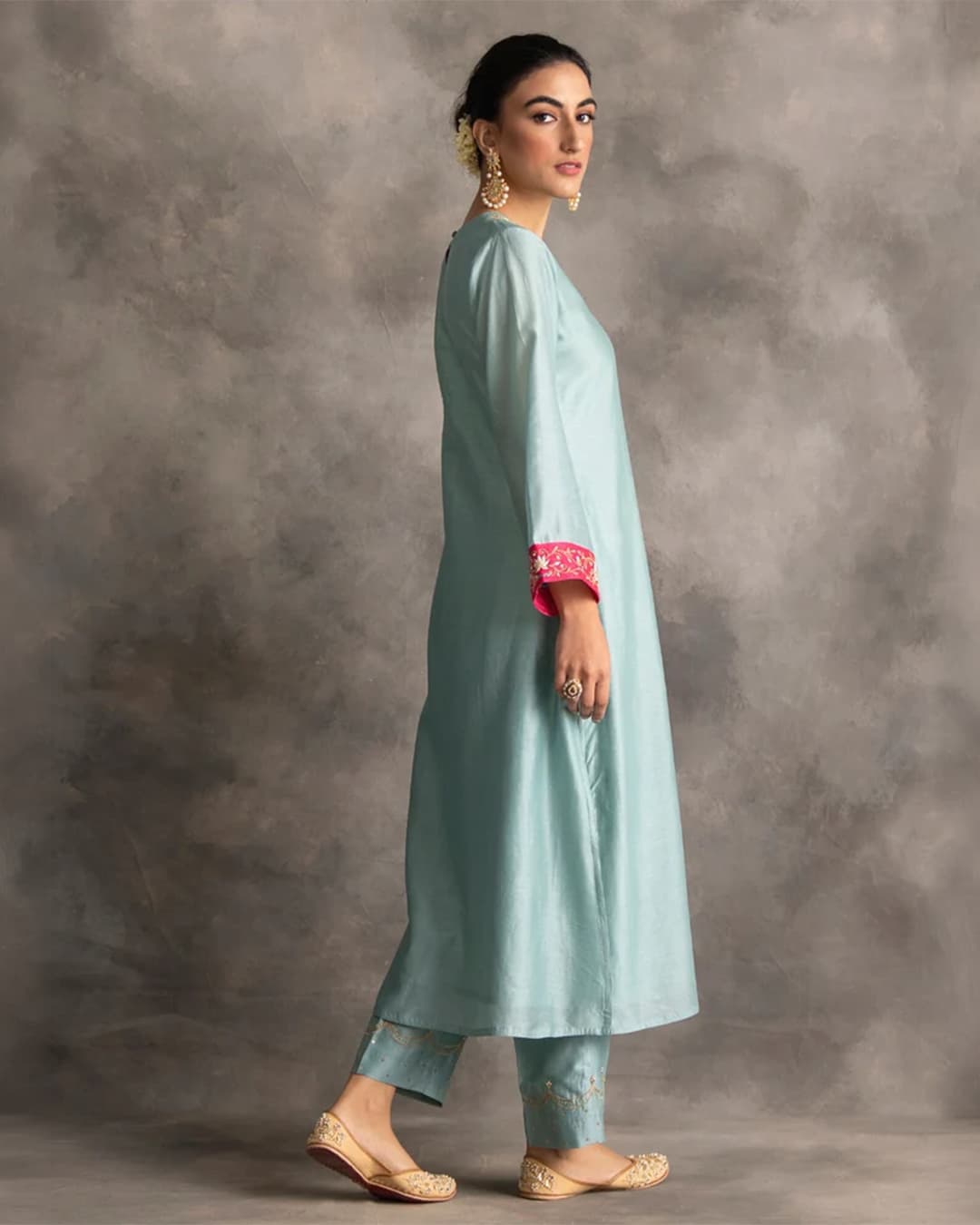 Blue Silk chanderi kurta with hand embroidery