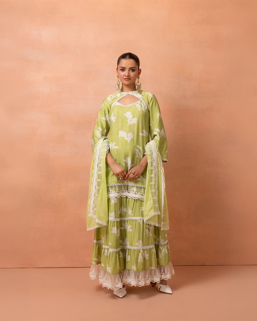 Lime And White Lace Suit Set with Shrug and Dupatta