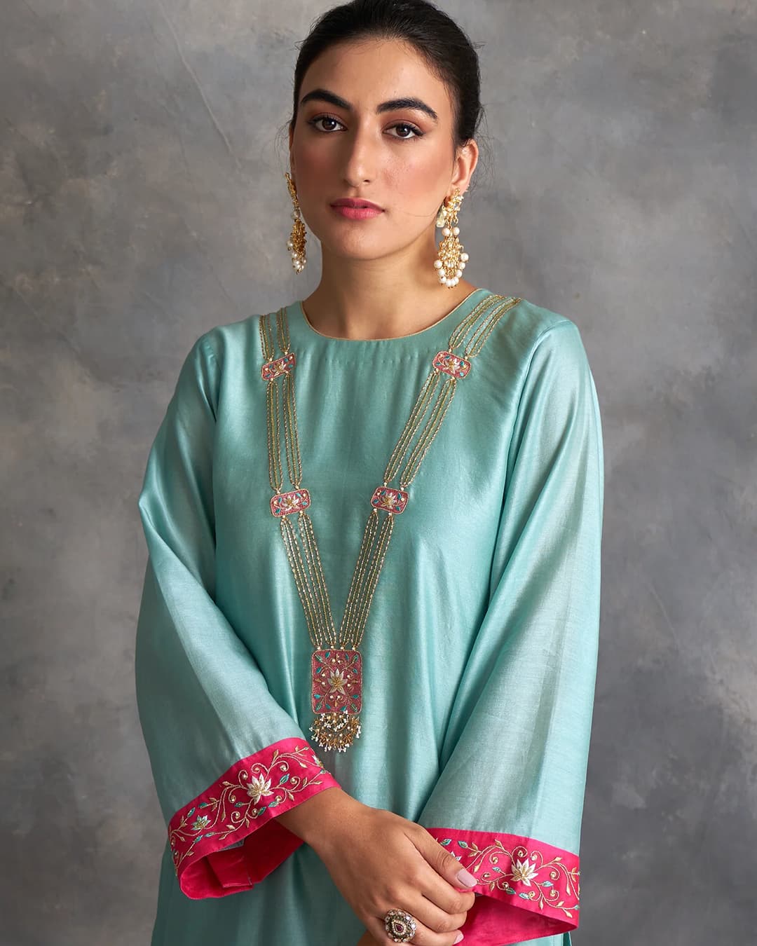 Blue Silk chanderi kurta with hand embroidery