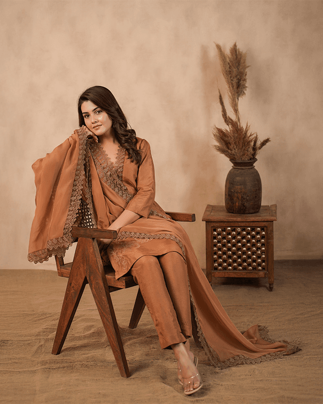 Brown Embroidered Suit set ( Set of 3 )