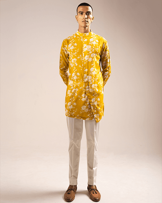 yellow white rose side slit kurta