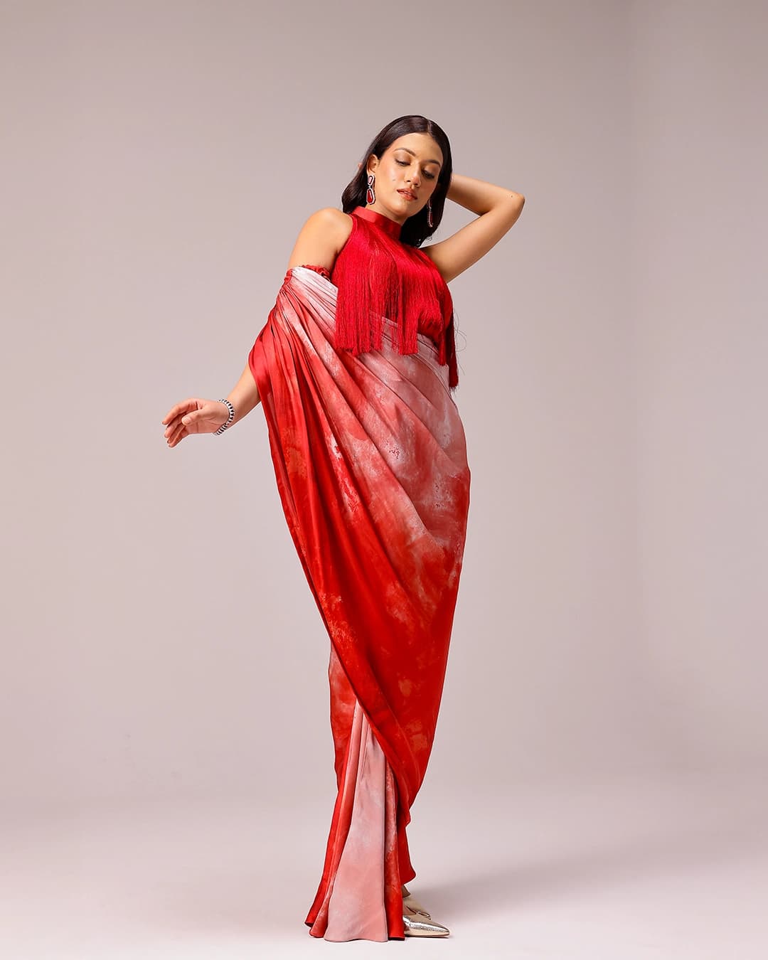 Rosette Draped Sari with Fringe Blouse