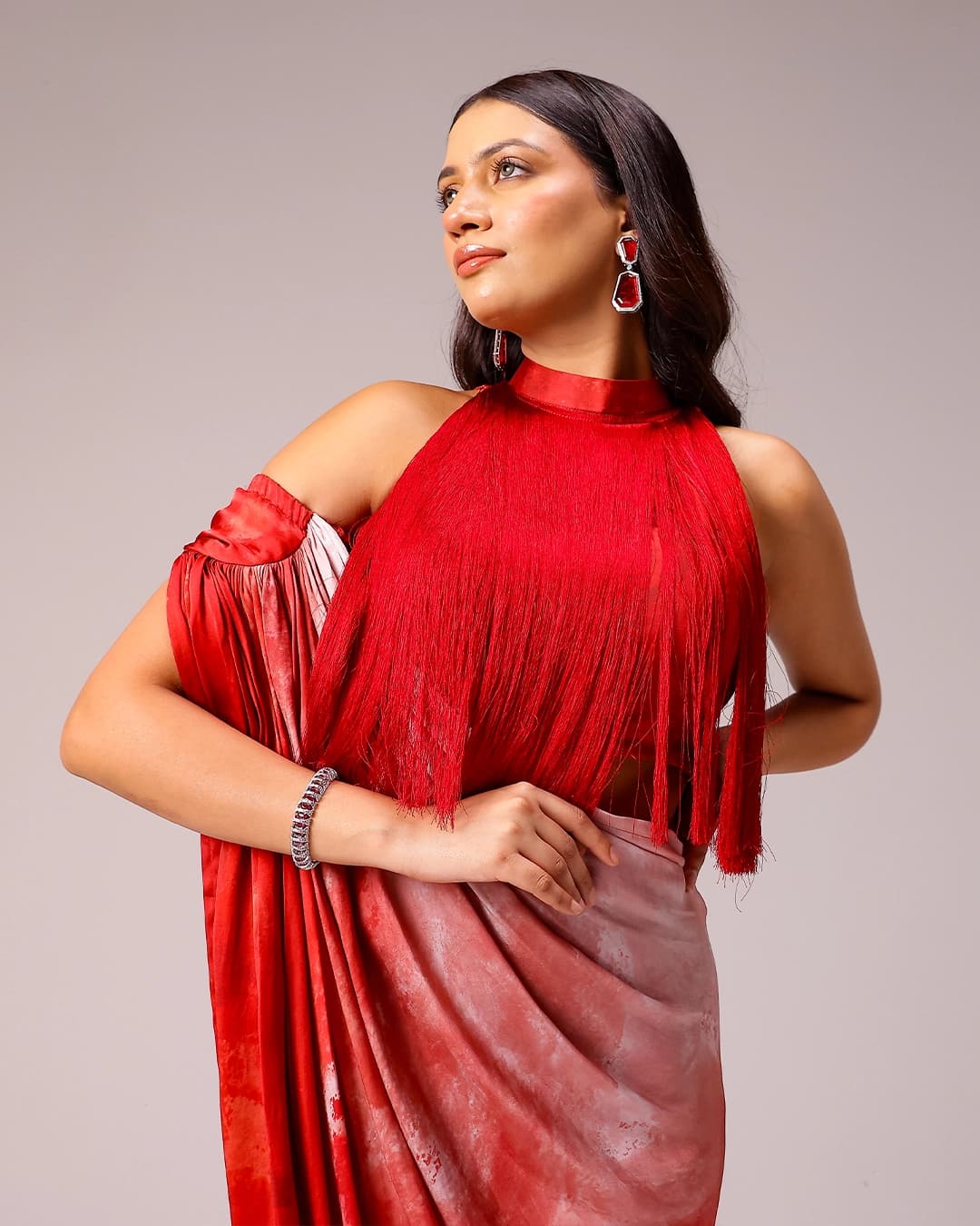 Rosette Draped Sari with Fringe Blouse