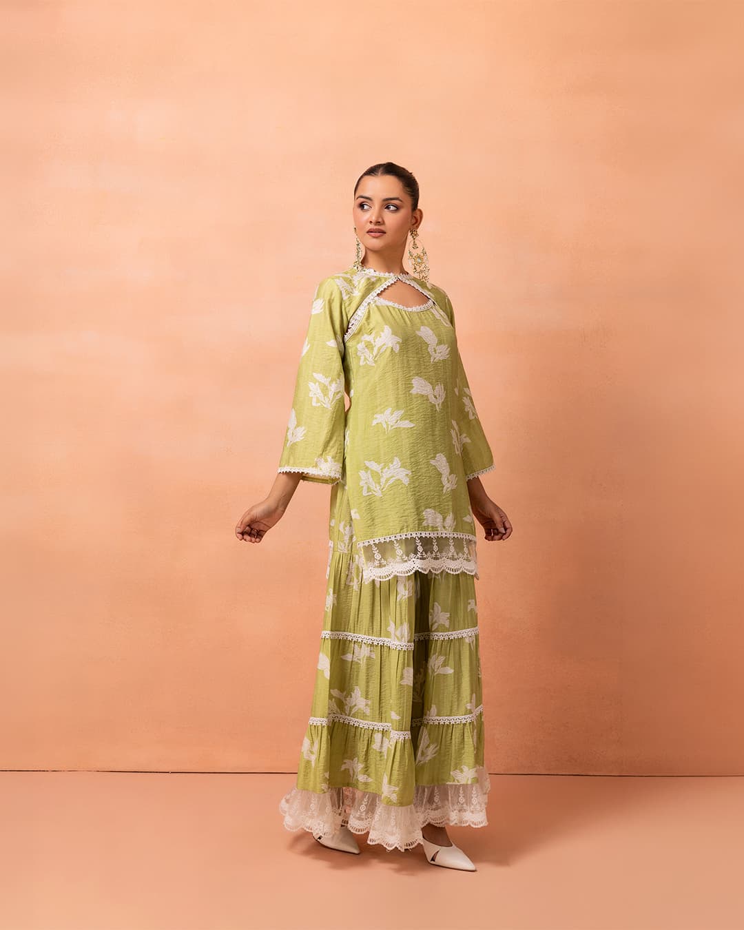 Lime And White Lace Suit Set with Shrug and Dupatta