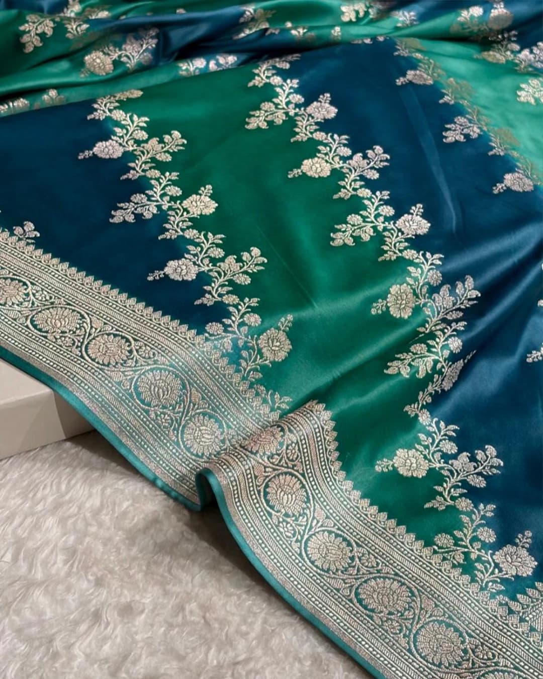 Blue green Ombré pure Mashru katan silk Banarasi handloom saree