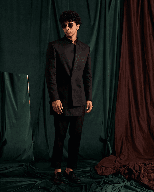 onyx asymmetric giza cotton bandhgala set