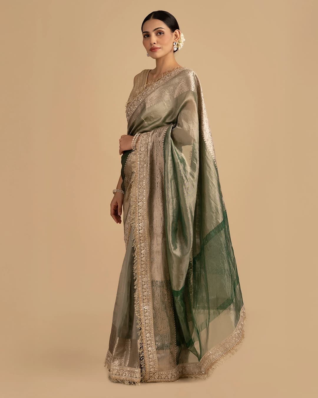 Green Shade Crushed Tissue Silk Banarasi handloom Saree
