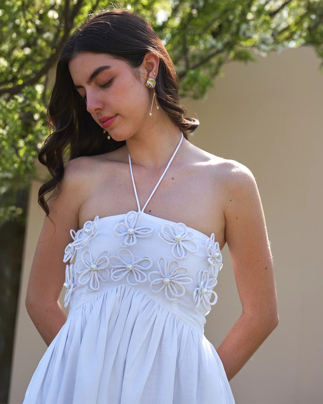 Elle Midi Dress with Detachable Sleeves (White)