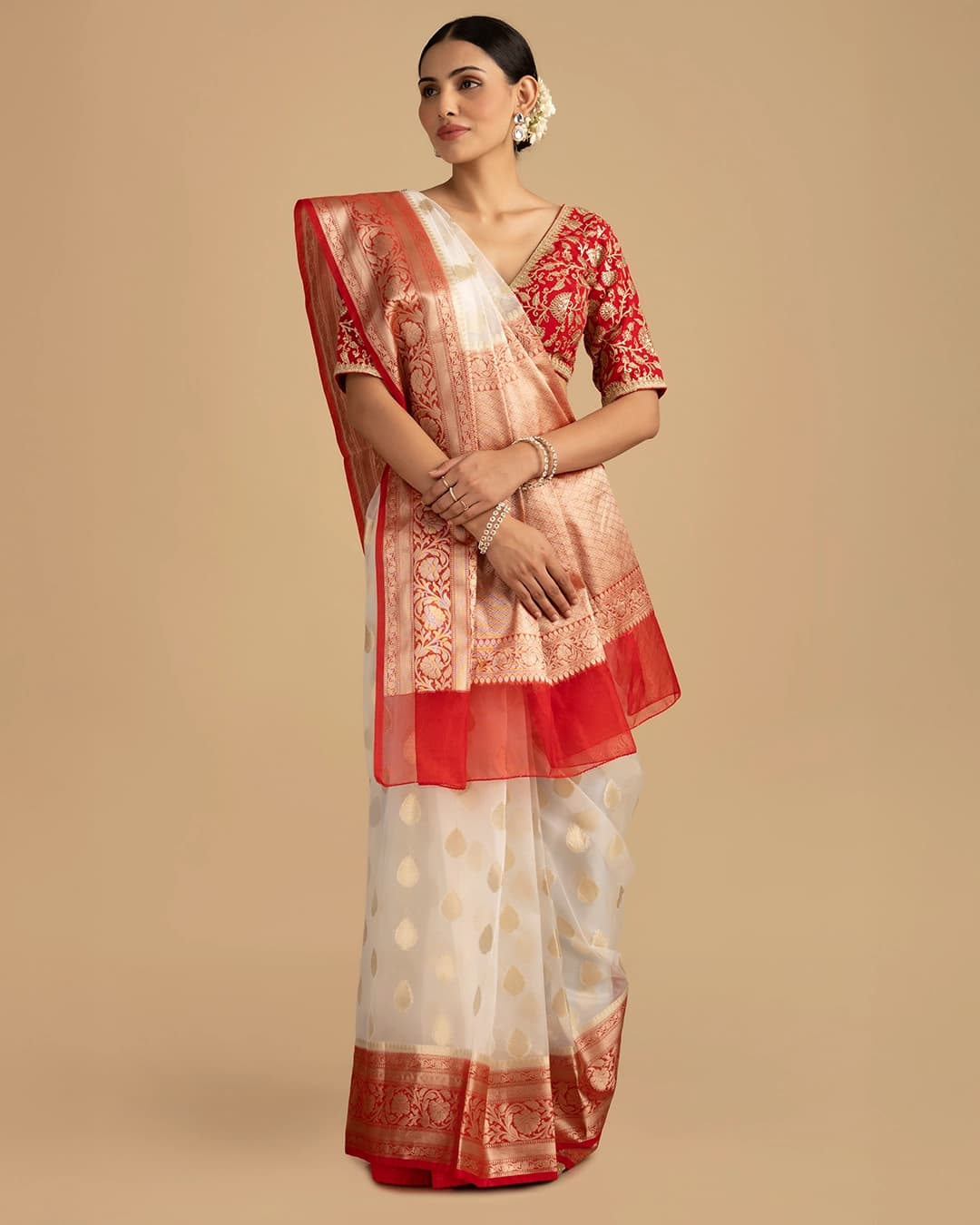 White - Red Kora Organza Silk Banarasi Handloom Saree