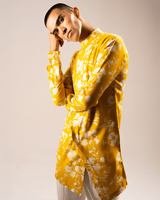 yellow white rose side slit kurta