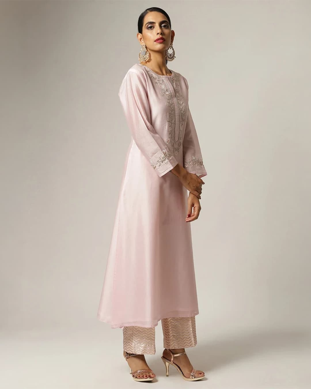 Pink Silk chanderi kurta with hand embroidery