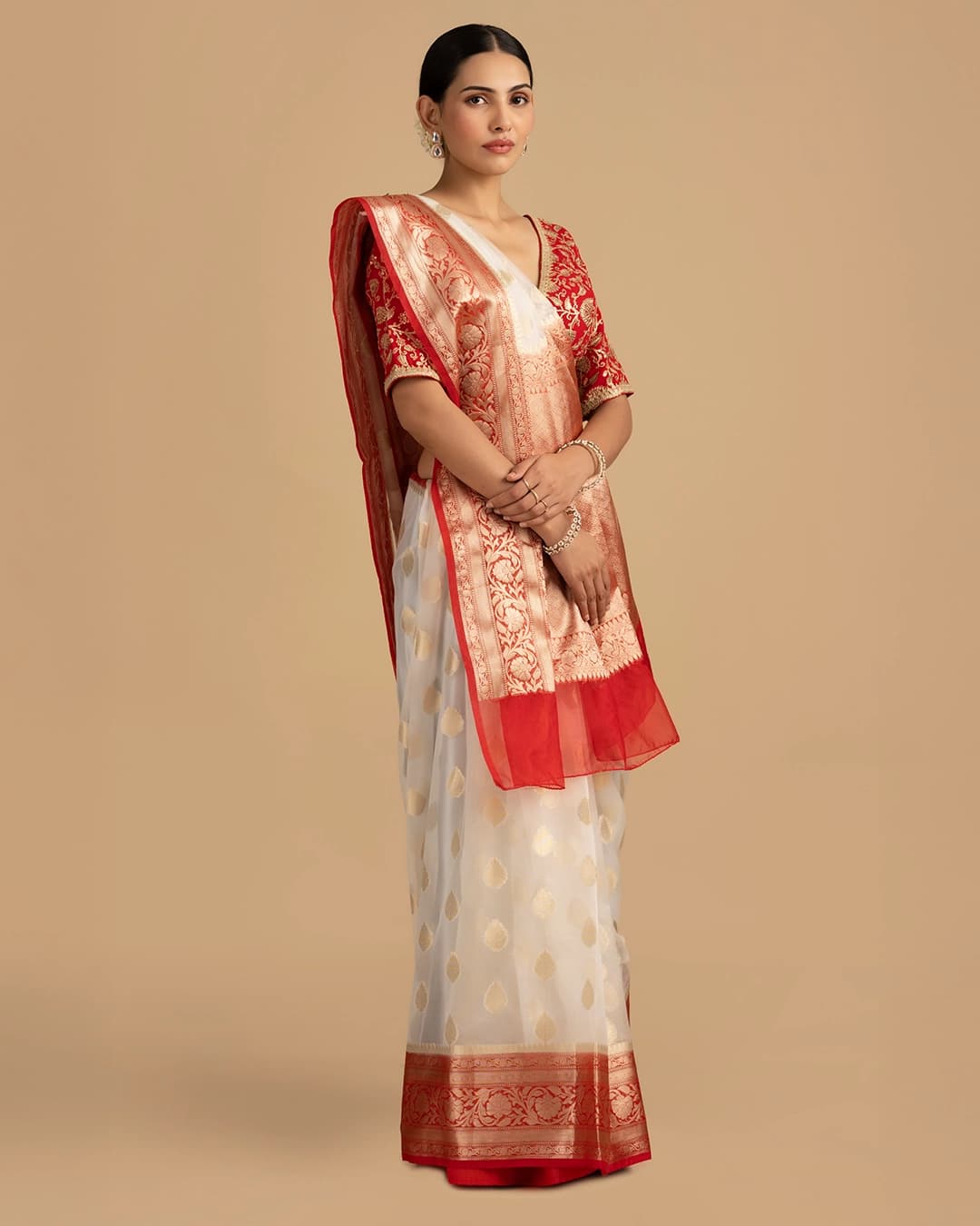 White - Red Kora Organza Silk Banarasi Handloom Saree