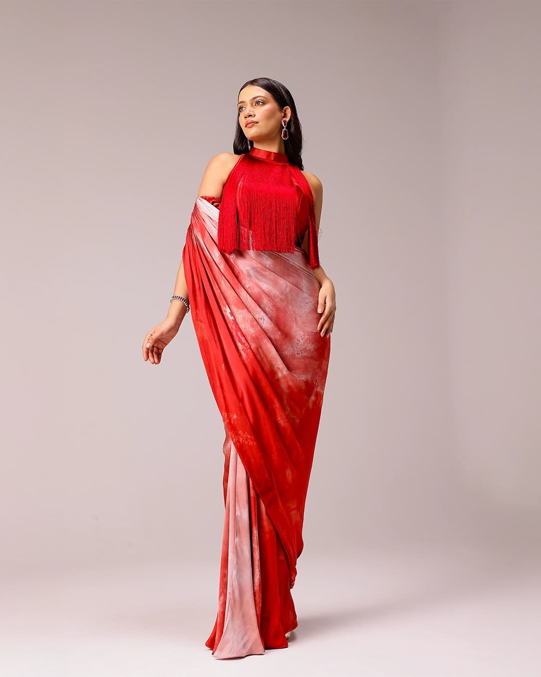 Rosette Draped Sari with Fringe Blouse