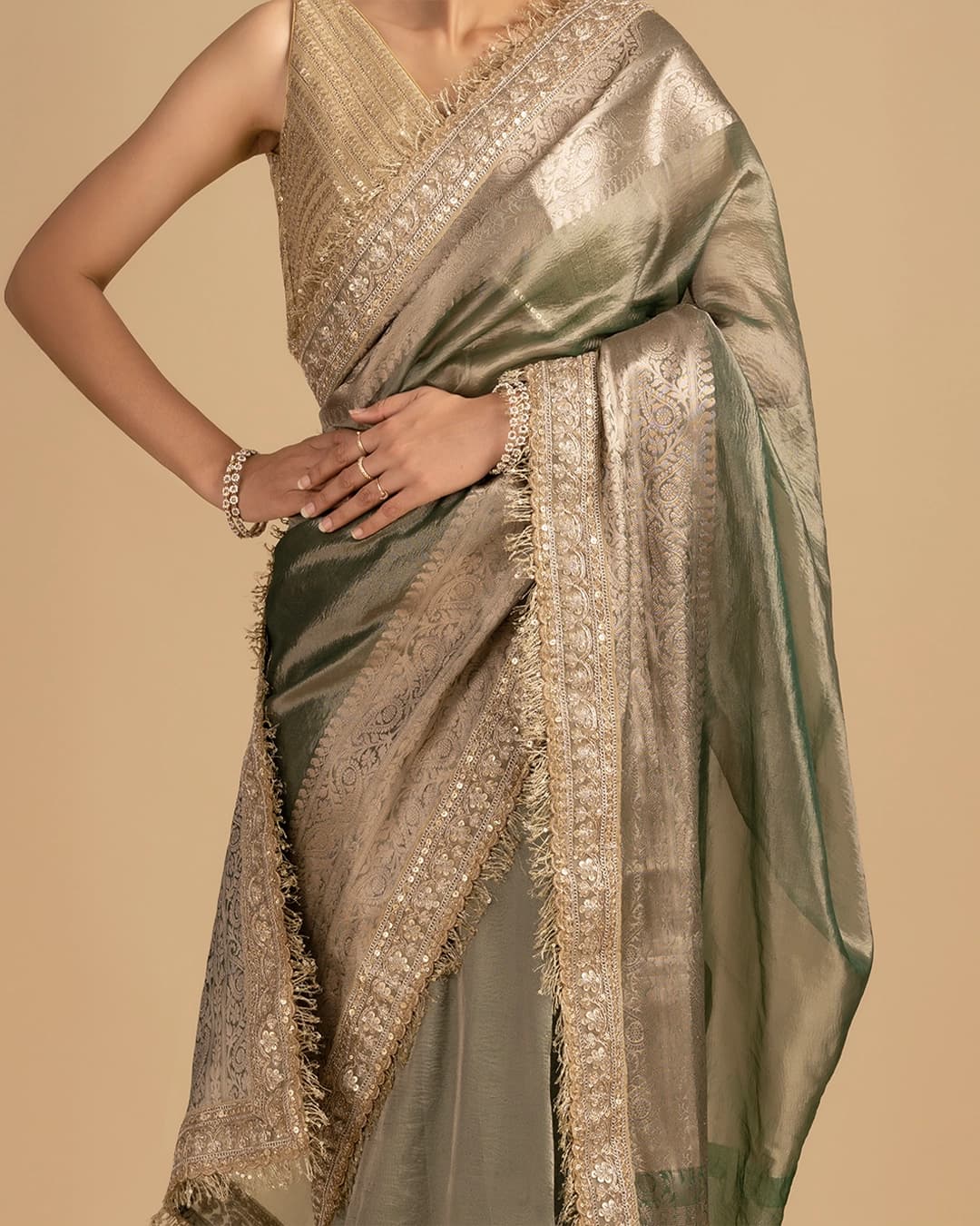 Green Shade Crushed Tissue Silk Banarasi handloom Saree