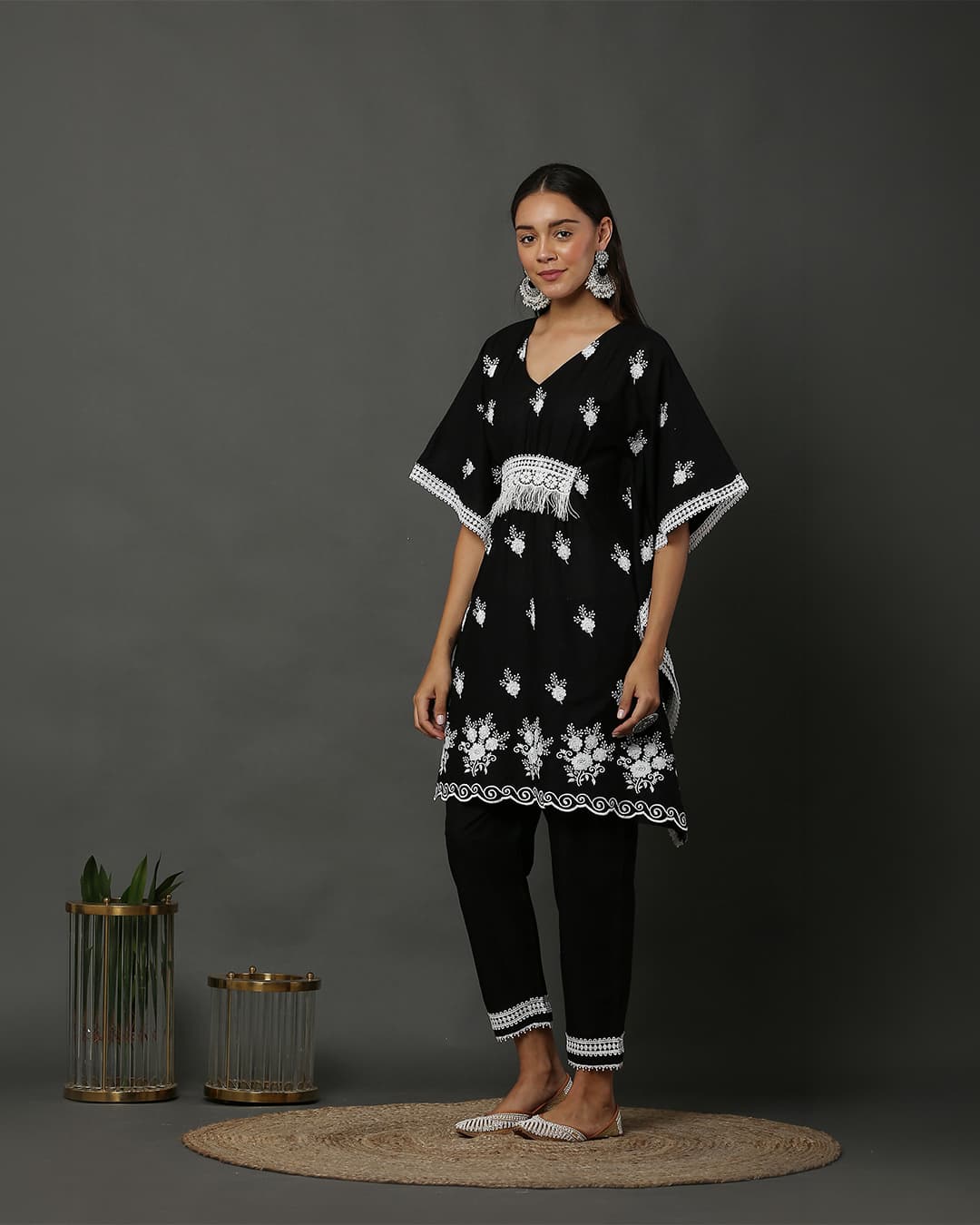 Black Scallop Embroidered Kaftan Set