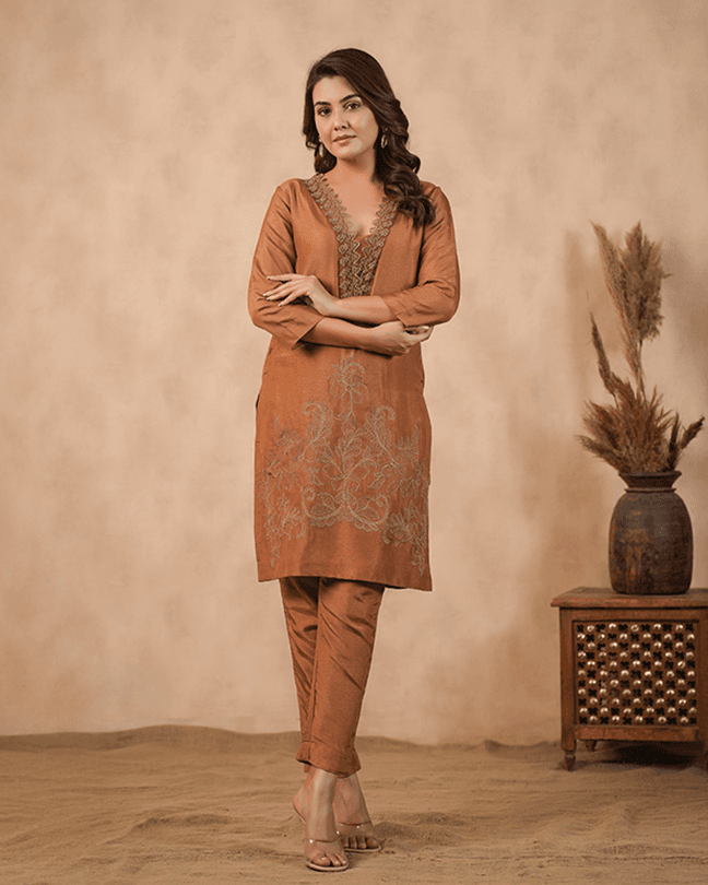 Brown Embroidered Suit set ( Set of 3 )