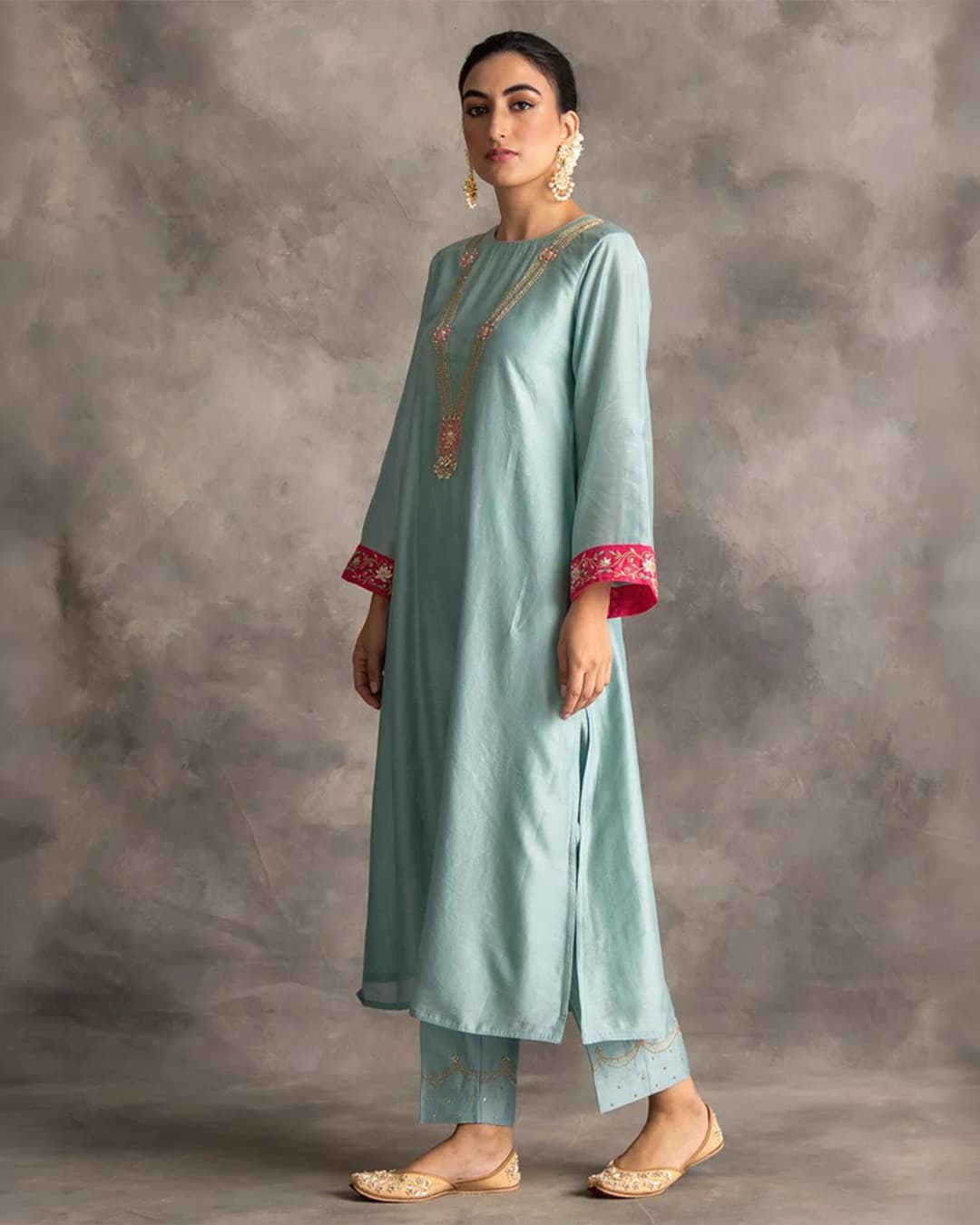 Blue Silk chanderi kurta with hand embroidery