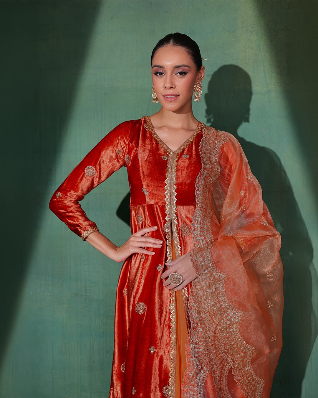 Burnt velvet Suit Set with Organza Dupatta