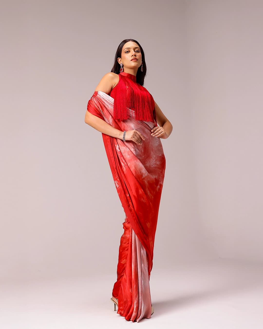 Rosette Draped Sari with Fringe Blouse