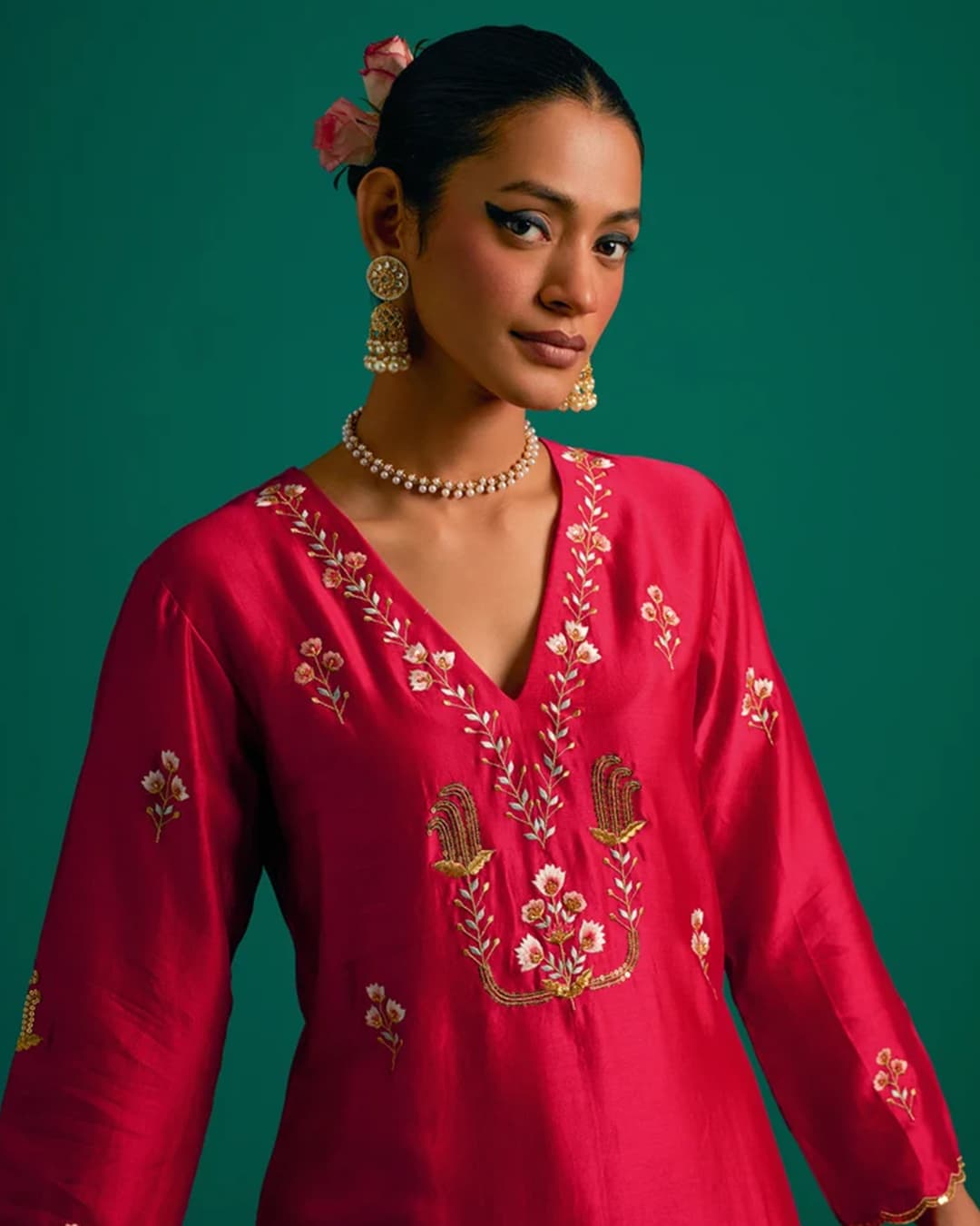 Red V neck hand embroidered silk chanderi kurta set with green chanderi dupatta
