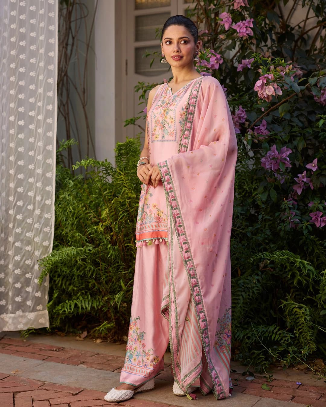 Zivae Cupro Satin Printed Pink Kurta With Farshi Salwar
