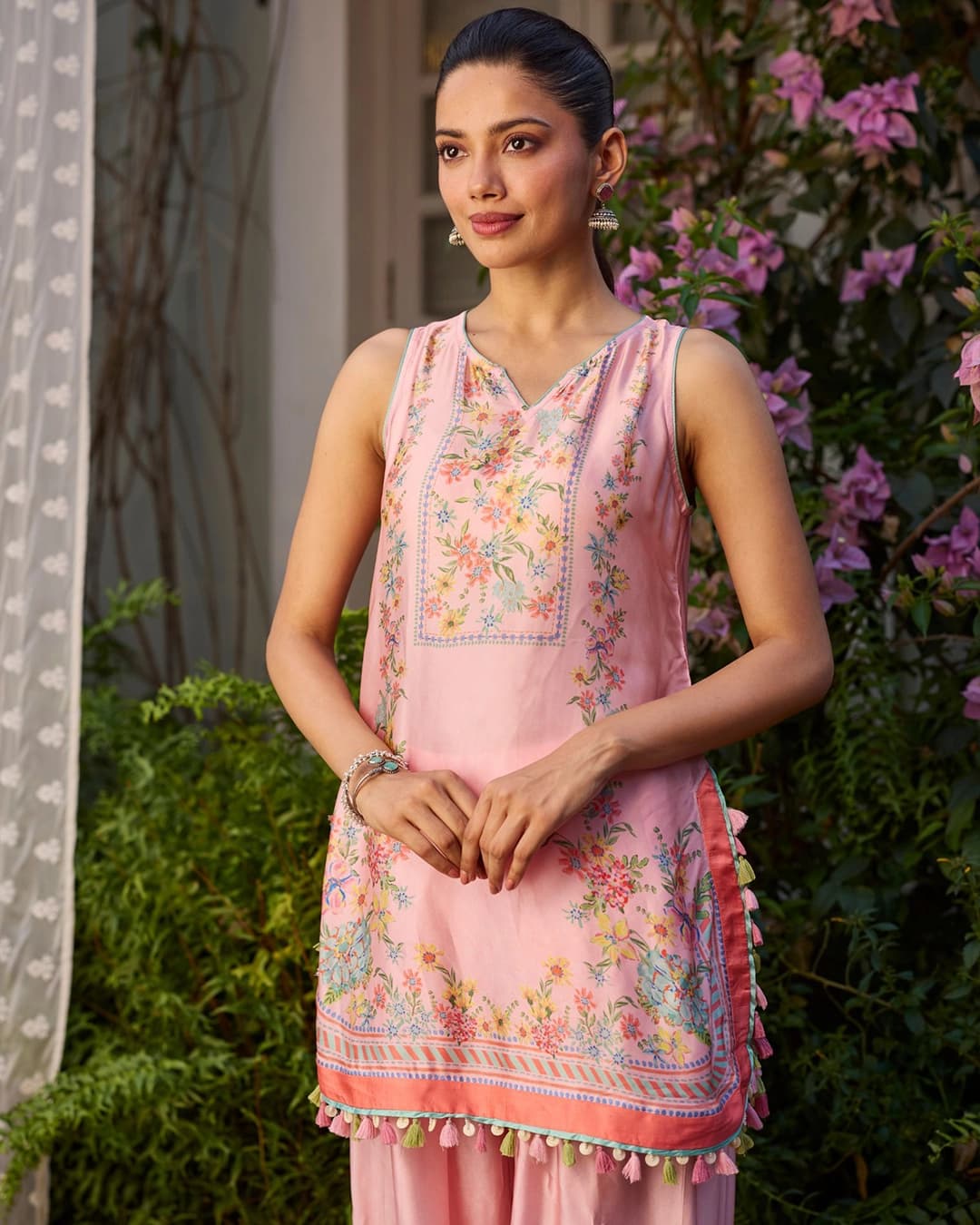 Zivae Cupro Satin Printed Pink Kurta With Farshi Salwar