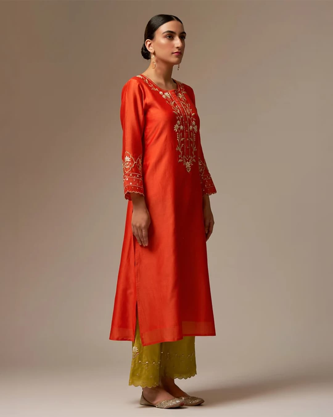 Orange Silk Chanderi kurta with hand embroidery