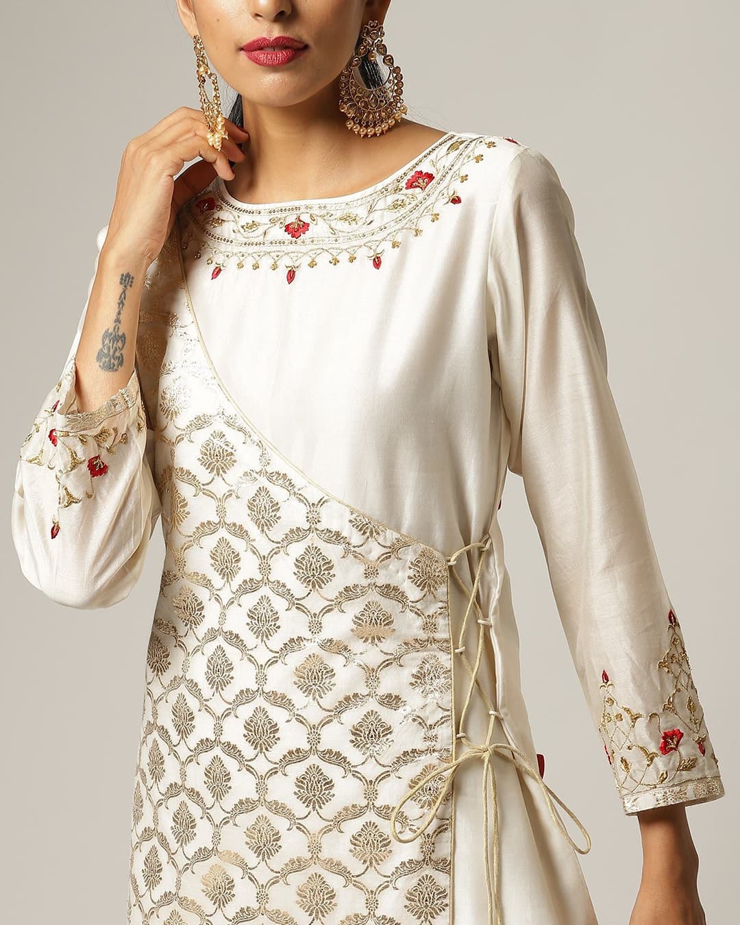 Off white Silk chanderi angrakha kurta with hand embroidery