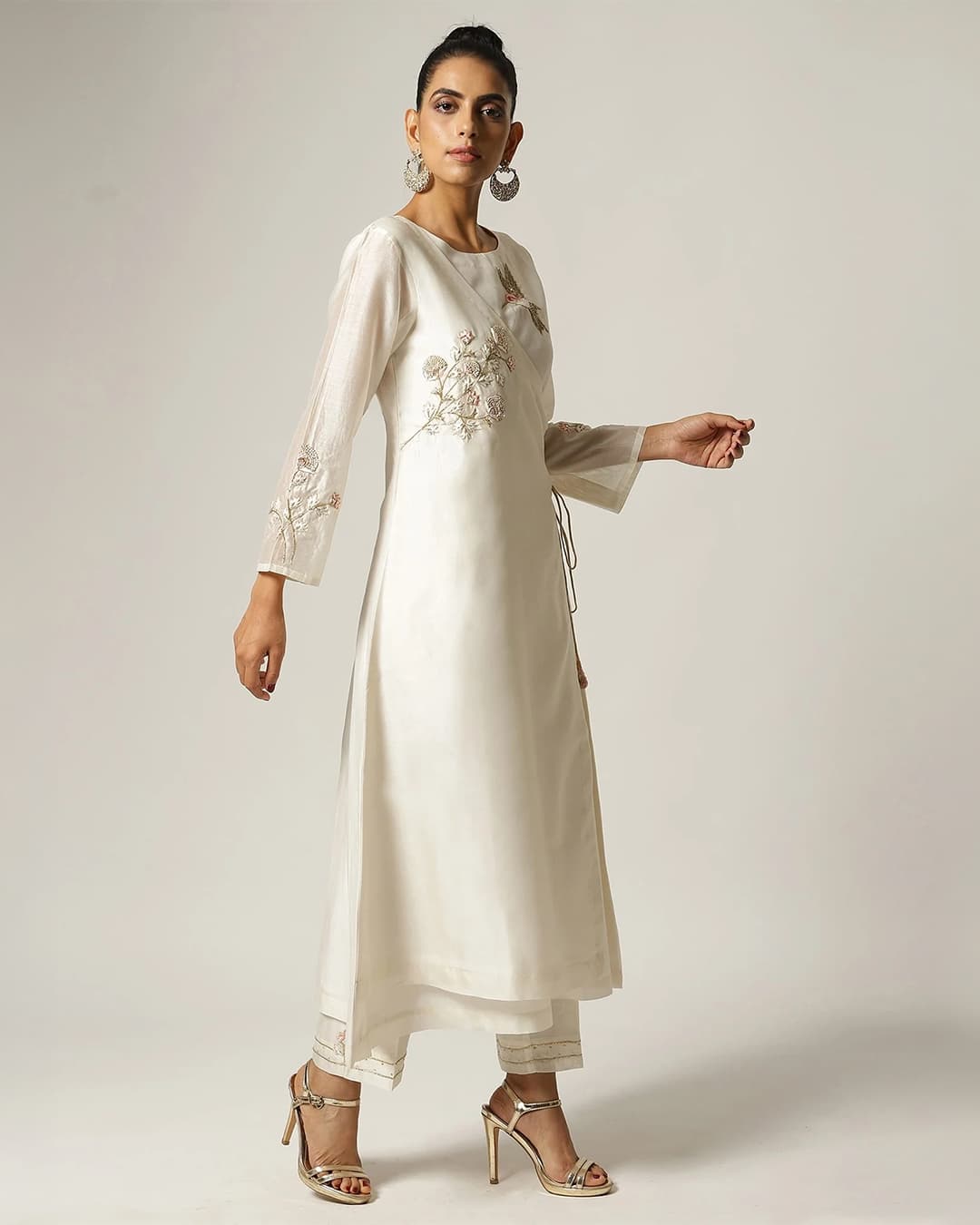 Ivory Silk chanderi angrakha kurta with hand embroidery