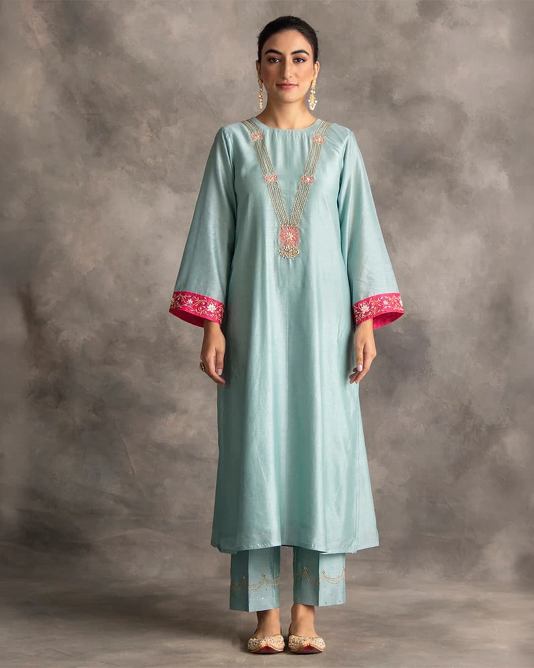Blue Silk chanderi kurta with hand embroidery