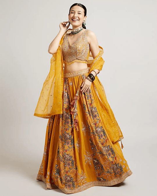 Mustard Yellow Chinon Lehenga with Zari - XL