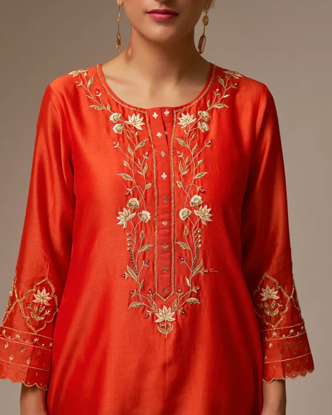 Orange Silk Chanderi kurta with hand embroidery