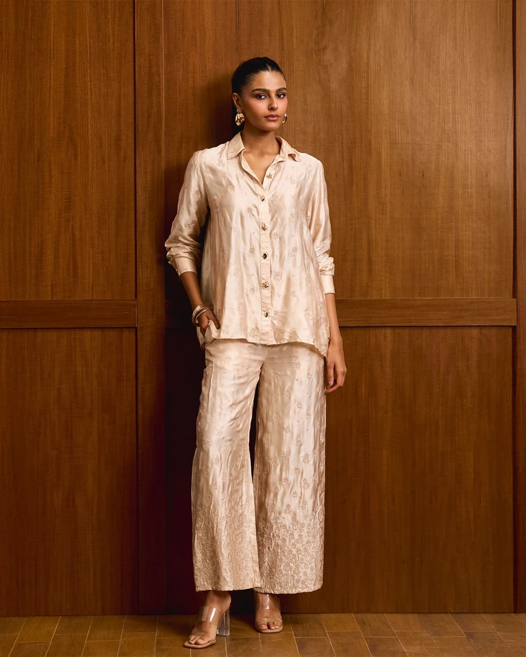 Santree Cupro Satin Champagne Shirt Set