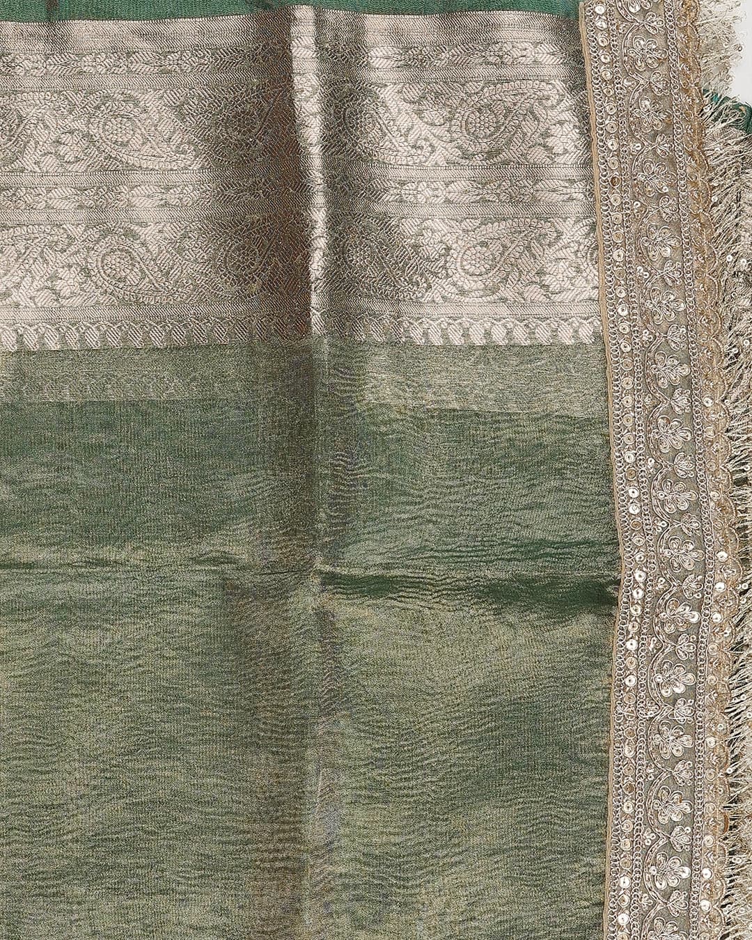 Green Shade Crushed Tissue Silk Banarasi handloom Saree