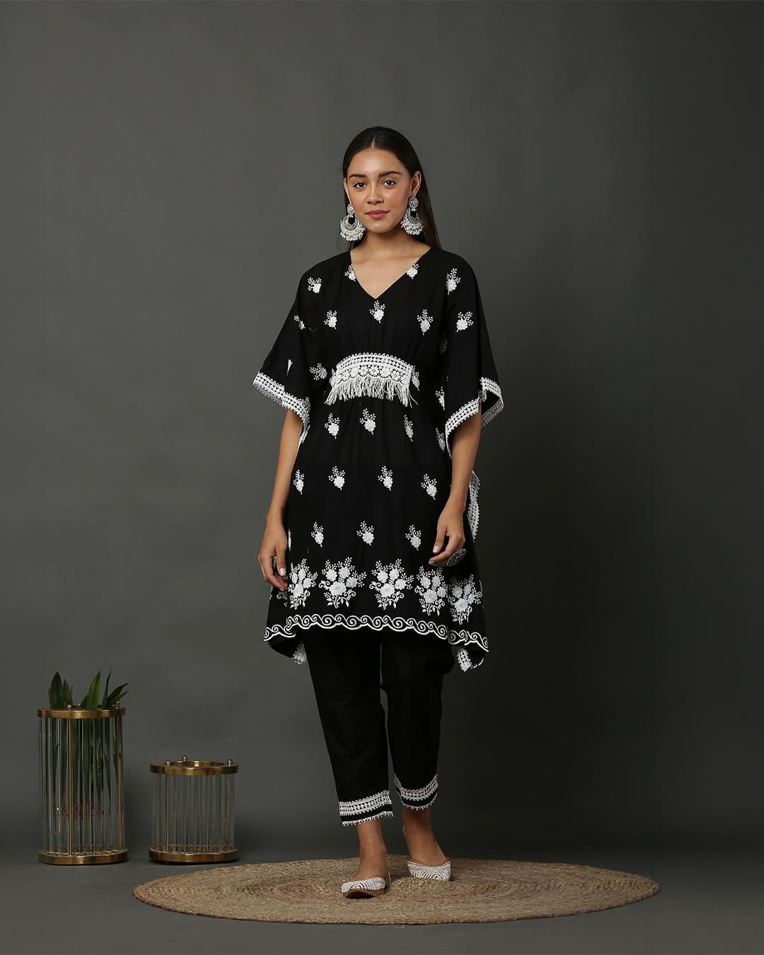 Black Scallop Embroidered Kaftan Set