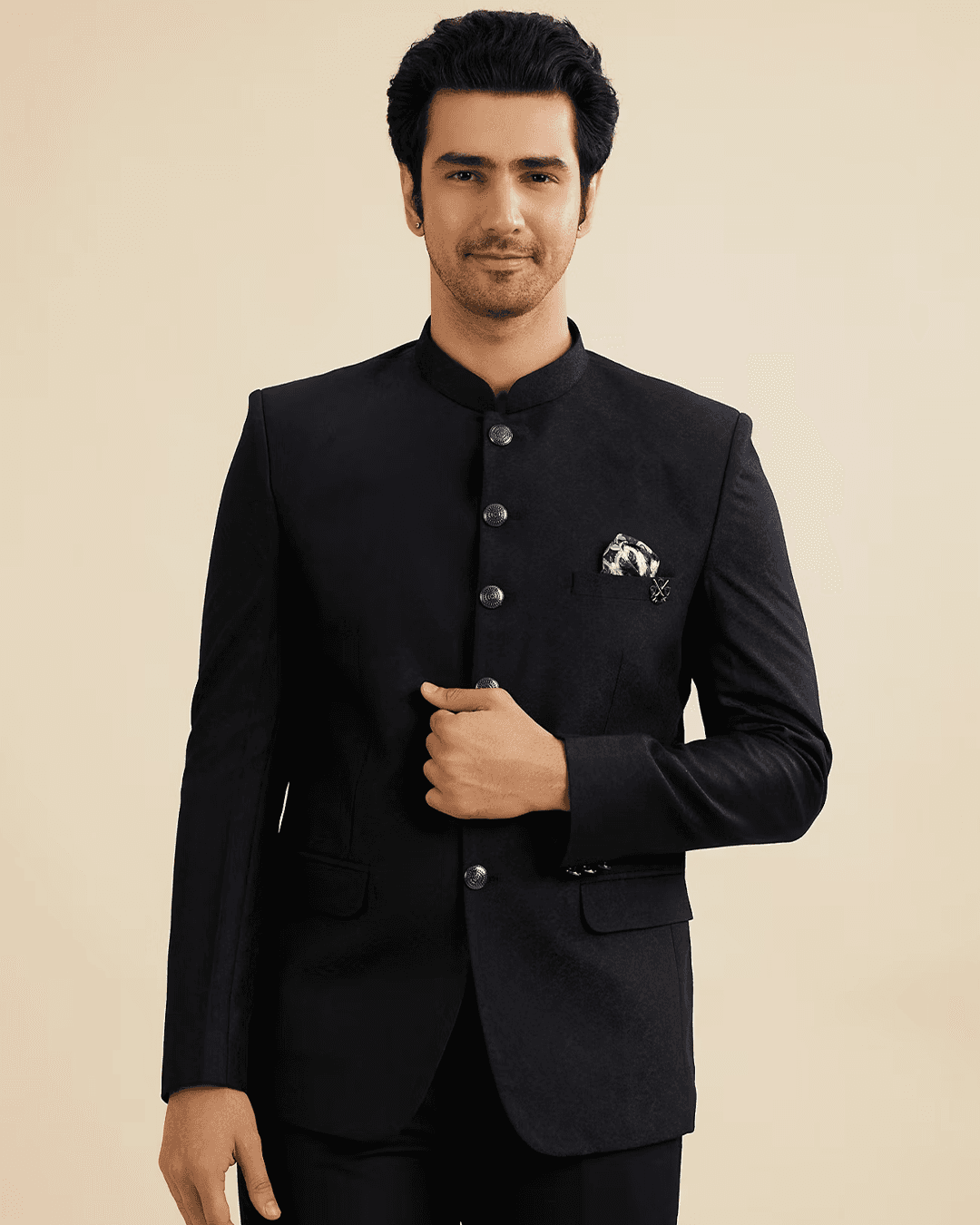 Elegant Dark Blue Brocade Suit Set - XL