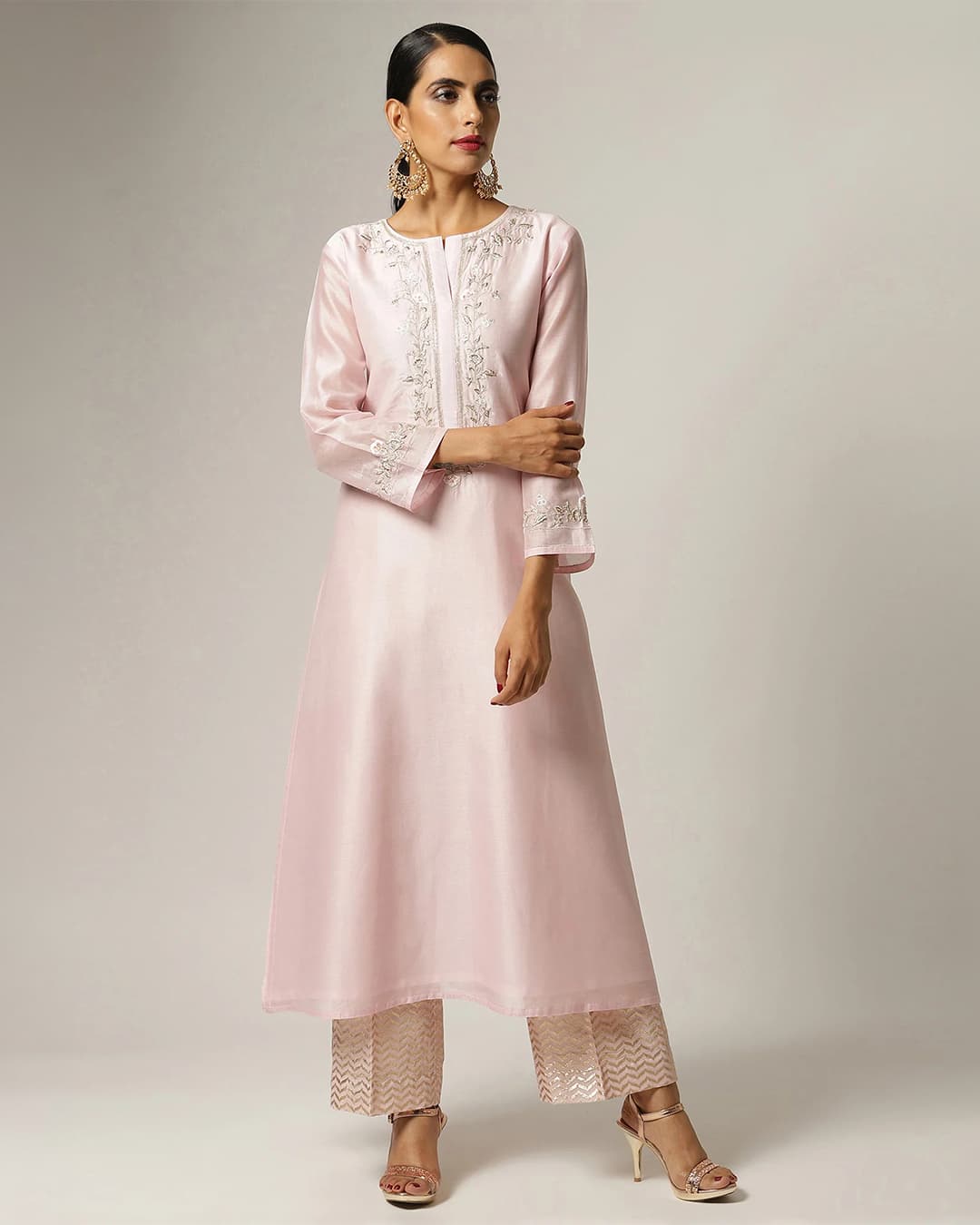 Pink Silk chanderi kurta with hand embroidery